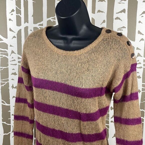 Ann Taylor LOFT Camel Tan & Purple Striped Loose Knit Mohair Blend Sweater sz XS - Picture 5 of 7